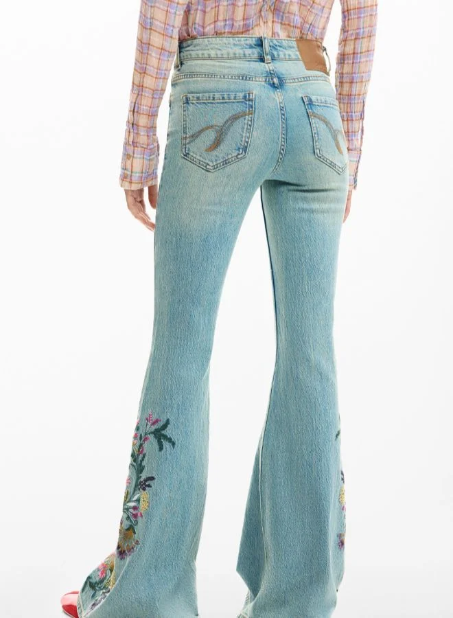 DESIGUAL Blue Jeans Trousers With Flower Topstitching for Women | Best Price UAE
